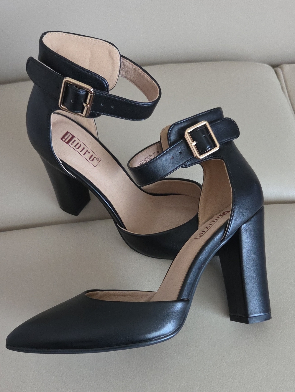 IDIFU Black Ankle-Strap Block Heel Pumps